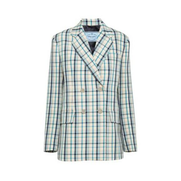 PRADA Double Breasted Gabardine Check Plaid Blazer Jacket Azzuro Blue Cream 2019 - Picture 1 of 12